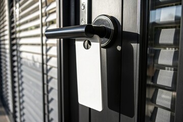 Realistic 3D render of hotel door handle with hanging sign tag. Ideal for hospitality, travel, privacy, room service, and door hanger mockup design presentations.