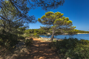 Obraz premium Empty pebble beaches, walking path along the island of Ciovo to Pendi Lagoon, panorama overlooking Ciovo and Trogir Croatia