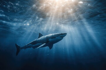 Fototapeta premium Shark gliding gracefully through the deep blue ocean depths as sunlight beams penetrate the surface in a serene underwater setting