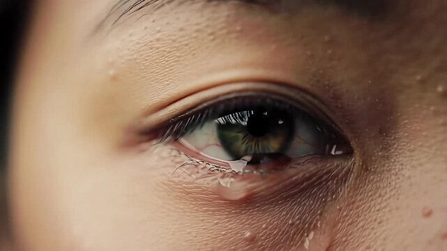 Close-up of a person's tearful eye with water droplets visible on their skin