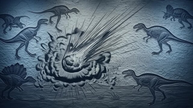 Dinosaur extinction by meteor impact a stone carving illustration