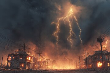 Apocalyptic landscape featuring ruined houses illuminated by lightning amidst a fiery sky and dark clouds