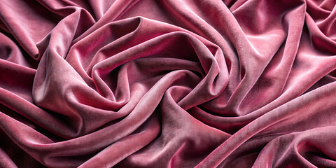 Luxurious soft pink velvet lies in elegant, swirling folds. The fabric captures and reflects light, revealing its rich texture and inviting feel. A delicate play of shadows enhances its beauty