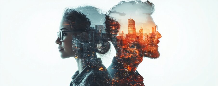 Double exposure of business individuals interacting with urban cityscape in grayscale