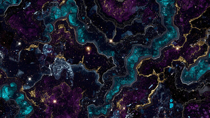 Ethereal Geode Pattern in Deep Purple, Blue, Turquoise & Gold on White Background