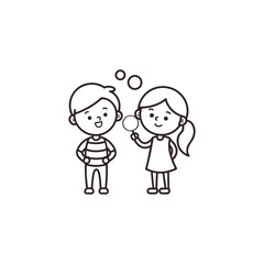 Cute cartoon boy and girl blowing soap bubbles. Vector line art illustration for coloring page.
