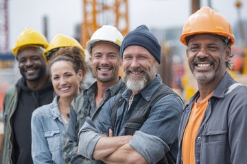 Diverse group of construction workers smiling confidently at a construction site in the afternoon sun, showcasing teamwork and camaraderie during their workday
