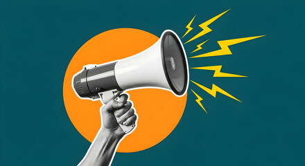 Powerful hand grips megaphone, broadcasting loud message with vibrant yellow lightning bursts against a striking teal and orange backdrop, symbolizing impactful communication and announcements