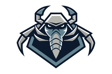 A blue and gray geometric elephant with tusk like claws looks fierce