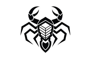 Bold stylized crab symbol featuring geometric shapes in black is centrally positioned on a white backdrop
