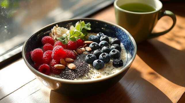 Breakfast Delight: A vibrant bowl of a superfood with a side of tea, offering a healthy and wholesome start to the day.