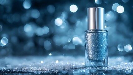 A bottle of silver nail polish on an icy surface, with a dark blue background and glittering diamonds in the background.