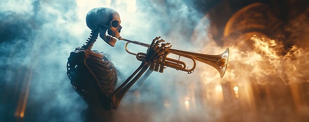 A skeleton playing the trumpet in an ethereal space with clouds of smoke and lights, creating an atmosphere reminiscent of magical realism. 