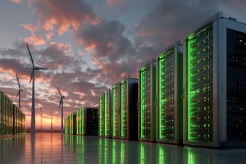 Renewable energy data center features glowing servers amidst wind turbines under a colorful sunset sky