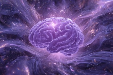 Obraz premium Glowing purple brain surrounded by cosmic vortex with swirling energy and stars in the background, representing creativity and intelligence in a dreamlike space