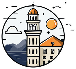 Stylized illustration of a bell tower and building by the water with mountains and sun