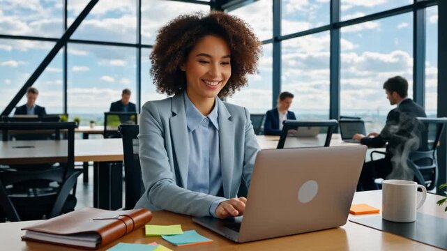 A smiling curly-haired businesswoman uses a laptop in a shared office space, sunlight casting soft shadows across her desk covered with planners, coffee cups and sticky notes