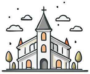 Obraz premium Illustration of a white church with a gray roof and clouds in the sky