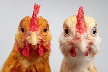 Naklejka premium Two chickens with distinct colors and features. One is orange with a prominent comb, and the other is white with a smaller comb. Both have bright eyes.