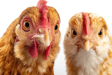 Fototapeta premium Two close-up brown chickens with red combs and wattles. They have bright eyes and distinct feather patterns. The background is plain white.
