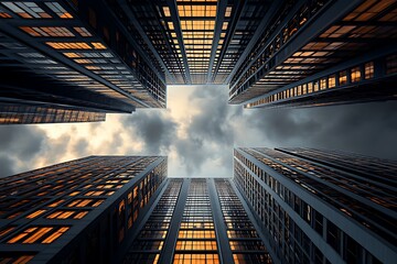Geometric pattern on a tall building in New York City, with a cloudy sky, in the art deco style, digital painting.