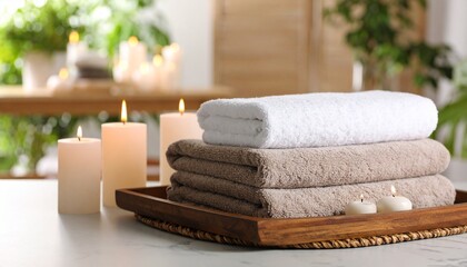 Fluffy Towels and Spa Candles in a Calm Setting for Relaxation, Tranquility, and Peaceful Aromatherapy Experience