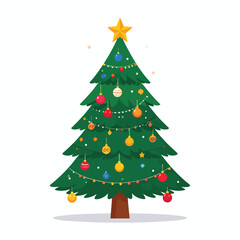 Obraz premium A vibrant Christmas tree decorated with colorful ornaments and lights against a white background.