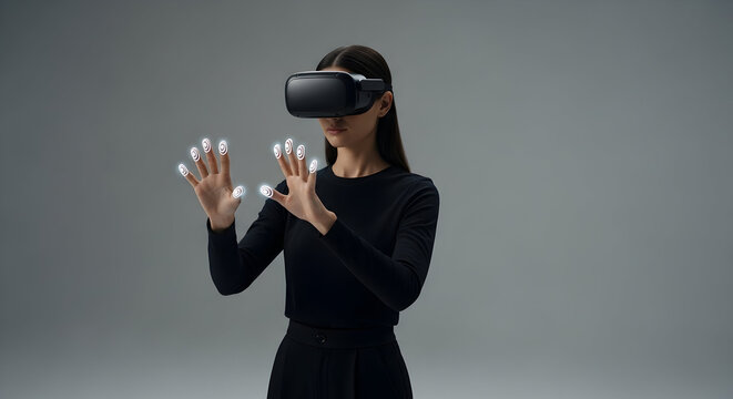 Modern woman using virtual reality headset engaging with digital environment in a sleek minimalistic setting for innovative technology and entertainment experiences