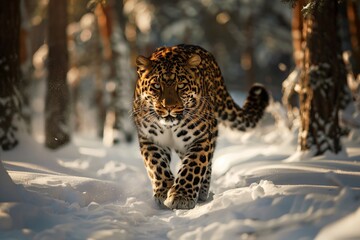 Obraz premium Amur Leopard in the Wild – Critically Endangered Big Cat in Snowy Forest Habitat