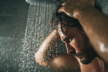 Fototapeta premium Man washes hair in shower while enjoying refreshing water from overhead showerhead in a dimly lit bathroom