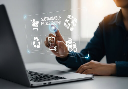 Person interacting with holographic interface displaying sustainable procurement icons
