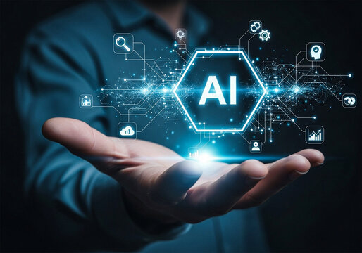 Artificial intelligence network connections and digital icons hovering over a persons outstretched