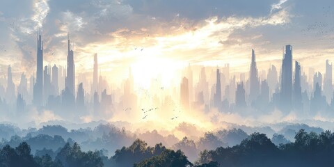 Misty Sunrise over Futuristic City