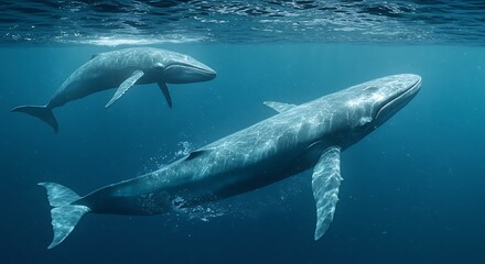 Fototapeta premium The serene majesty of two blue whales swimming together in the deep, sunlit ocean waters, showcasing marine life.