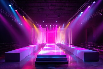 Dramatic ambiance sets the stage for a glamorous runway fashion show featuring vibrant lights and reflective surfaces in a modern venue