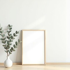 Frame mockup a blank frame rests beside a vase of greenery against a white wall on a light wooden surface