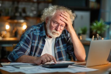 Senior man experiences stress while calculating expenses at a desk in his home office late in the evening
