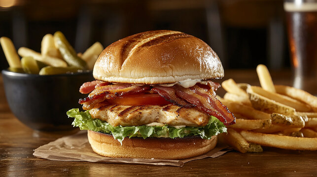 A Culinary Symphony: An enticing shot of a gourmet burger, complete with a toasted bun, fresh vegetables, and crispy bacon, next to golden-fried french fries and a bowl of pickles.