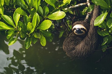 Obraz premium Pygmy Three-Toed Sloth in Mangrove Forest – Rare and Endangered Island Mammal