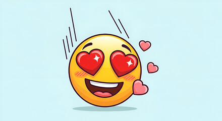 Naklejka premium Cute falling heart eyes emoji illustration, yellow smiling emoticon in love, romantic cartoon character for Valentine's Day designs
