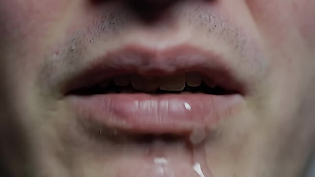 A close-up shot of a person's mouth with saliva dripping, focusing on lips and teeth