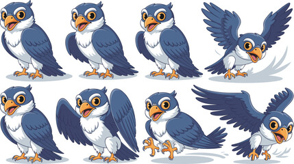 Cartoon hawk mascot character set, cute blue bird expressions vector, flying, landing, standing, flapping wings, animated falcon poses collection