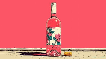 Rose Wine Bottle with Floral Label: Elegant Illustration for Drink Menu, Restaurant, Winery, or Blog