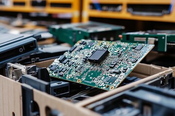 Circuit boards and hard drives in cardboard boxes