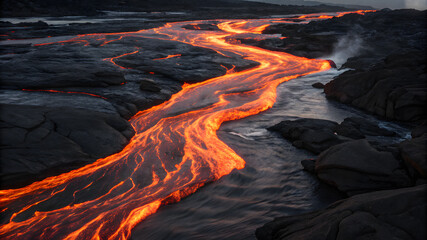 Glowing orange lava stream flowing through dark volcanic rock