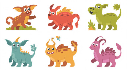 Set of cute cartoon monsters isolated on white background, perfect for childrens illustrations and fun graphic designs