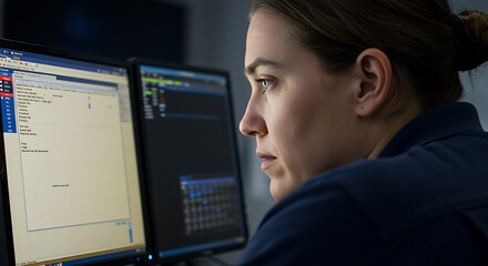Focused female software developer concentrating on programming code on dual monitors in a dimly lit office.