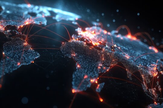 Glowing digital world map illustrating global data connections and network activity in a modern technological landscape