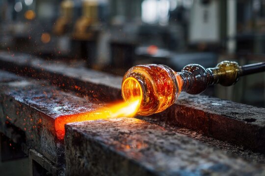 Artistic glassblowing process in a factory showcasing molten glass being shaped by skilled artisans during daytime