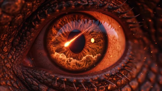 Fiery dragon eye witnessing a meteor impact